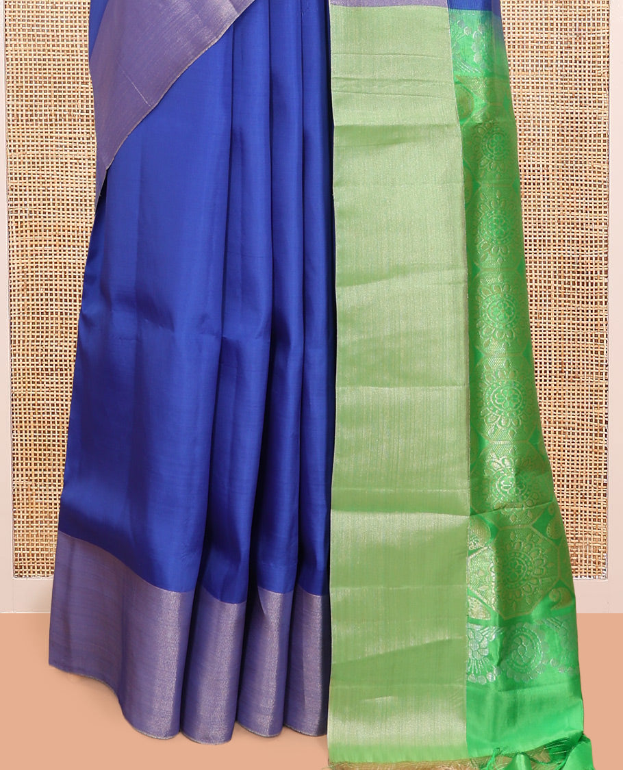 Blue Semi Uppada Saree, Enthralled with Zari Buttas, a Bavanji Border, Contrast Intricate Pallu, and a Contrast Blouse
