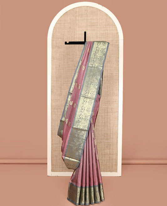 Pink Venkatagiri Silk Saree, Embellished with Zari Buttas All Over Its Body, Complemented by a Contrast Traditional Zari Design Border, Pallu of Thilakam Designs, and Paired with a Contrast Blouse