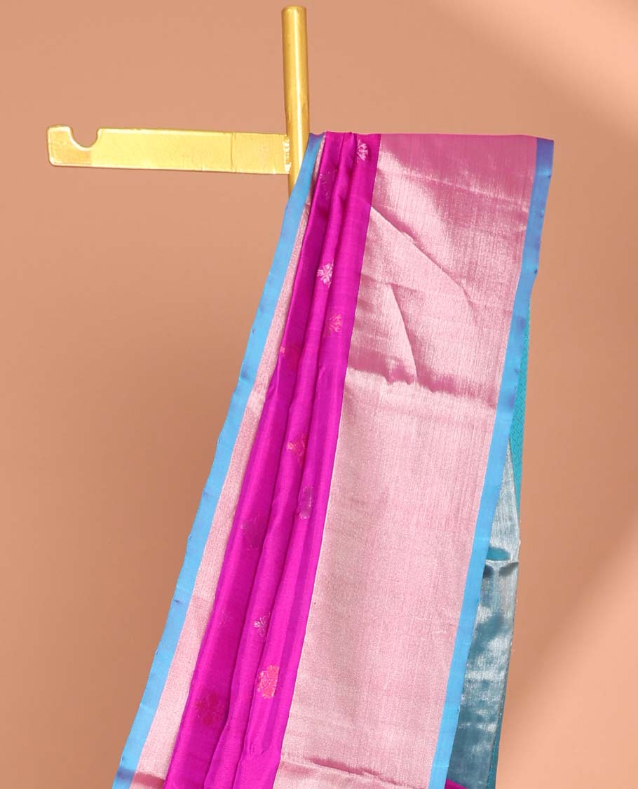 Pink Leaf motifs vengatagiri pure silk saree , contrast bavanji border & pallu of aryle pattern