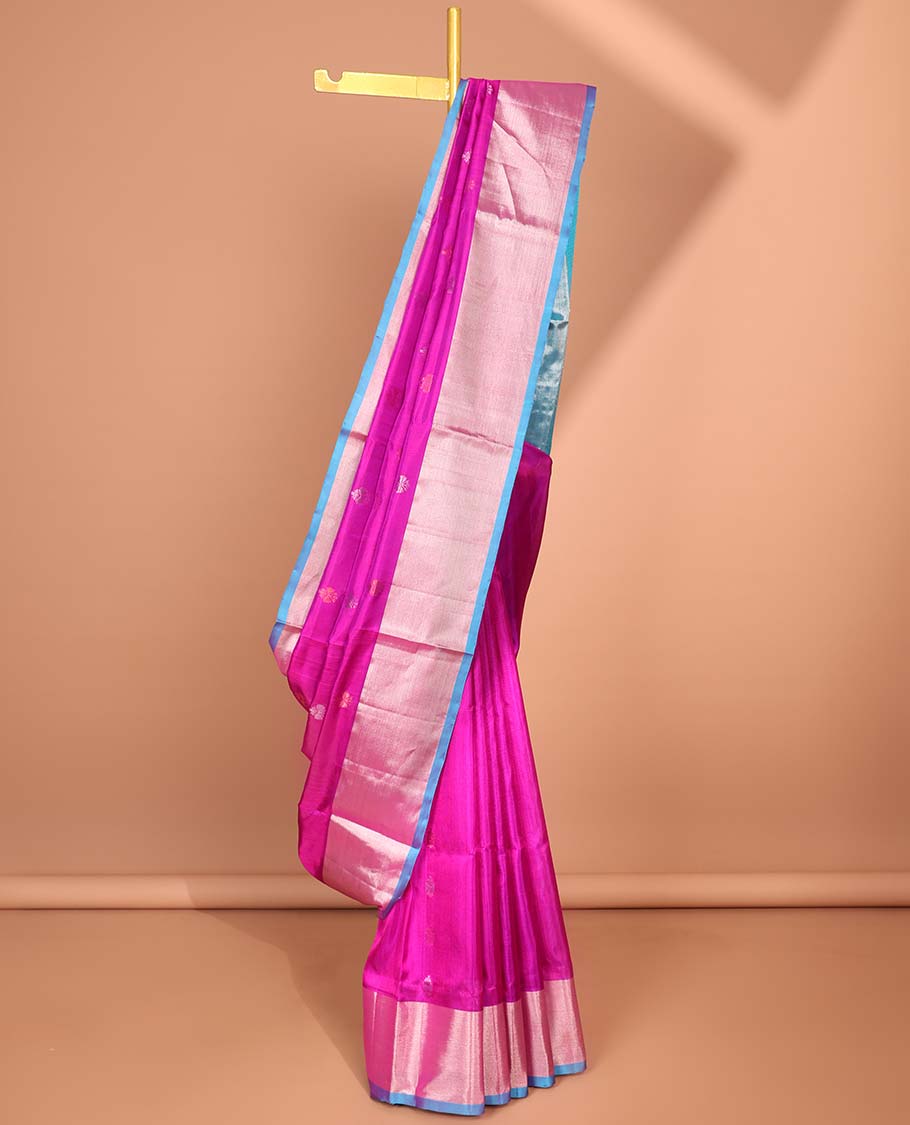 Pink Leaf motifs vengatagiri pure silk saree , contrast bavanji border & pallu of aryle pattern