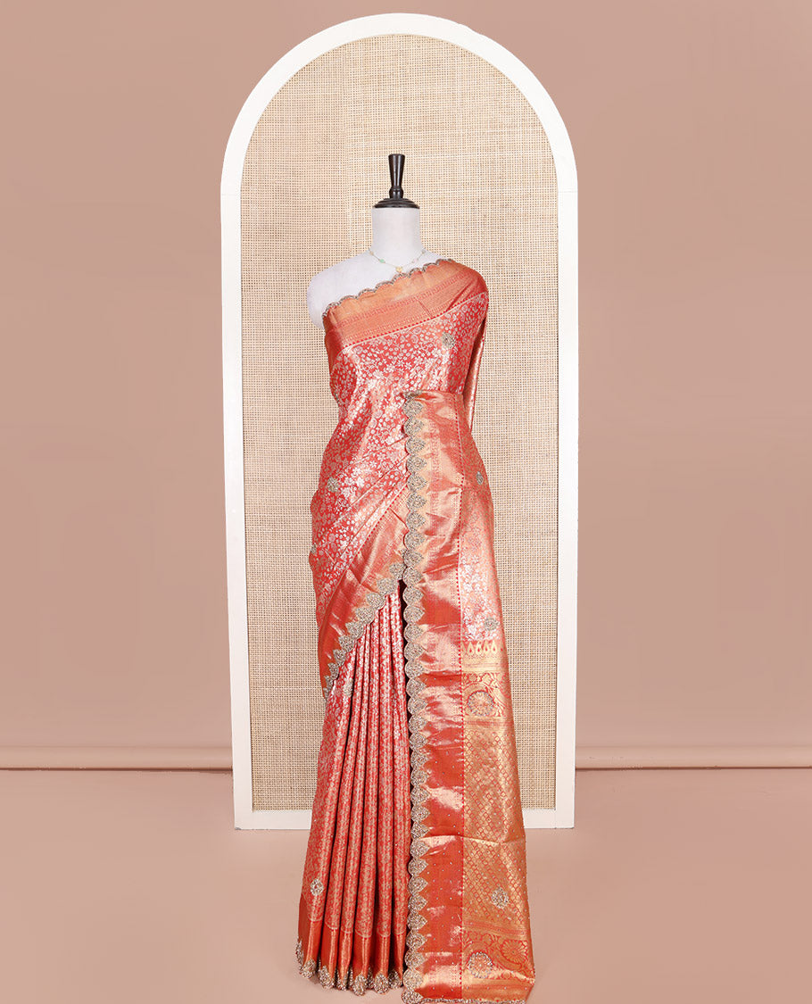 Red Vastrakala Silk Saree, Artfully Detailed with Floral Jacquard and Patch Stone Work, Highlighted by Traditional Zari and Stone Scallop Border, Grand Scallop Design Stone Work Pallu, and Paired with Heavy Embroidered Blouse