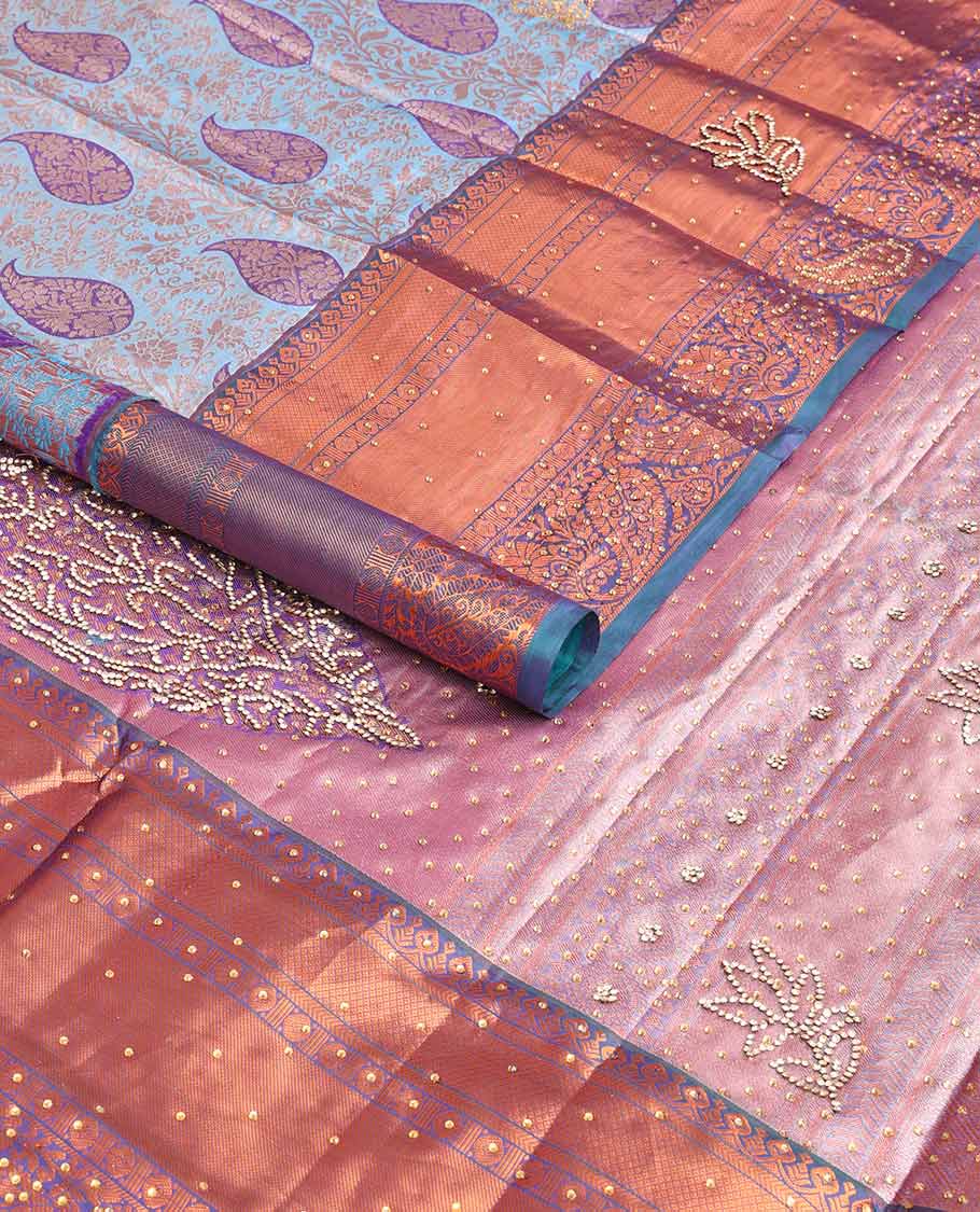 Blue vastrakala silk saree floral design with contrast floral, stone work border & floral design in stone work pallu