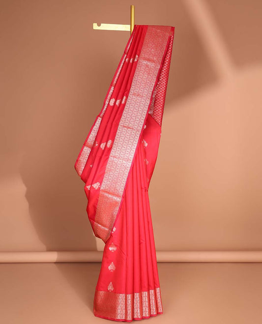 Red leaf buttas vasundhara elite silk saree with self intricate zari design border & leaf zari design pallu