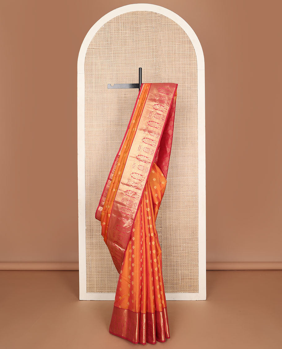 Orange zari buttas vasundhara elite silk saree, contrast zari border of Mughal-style floral designs & floral motifs steeped pallu