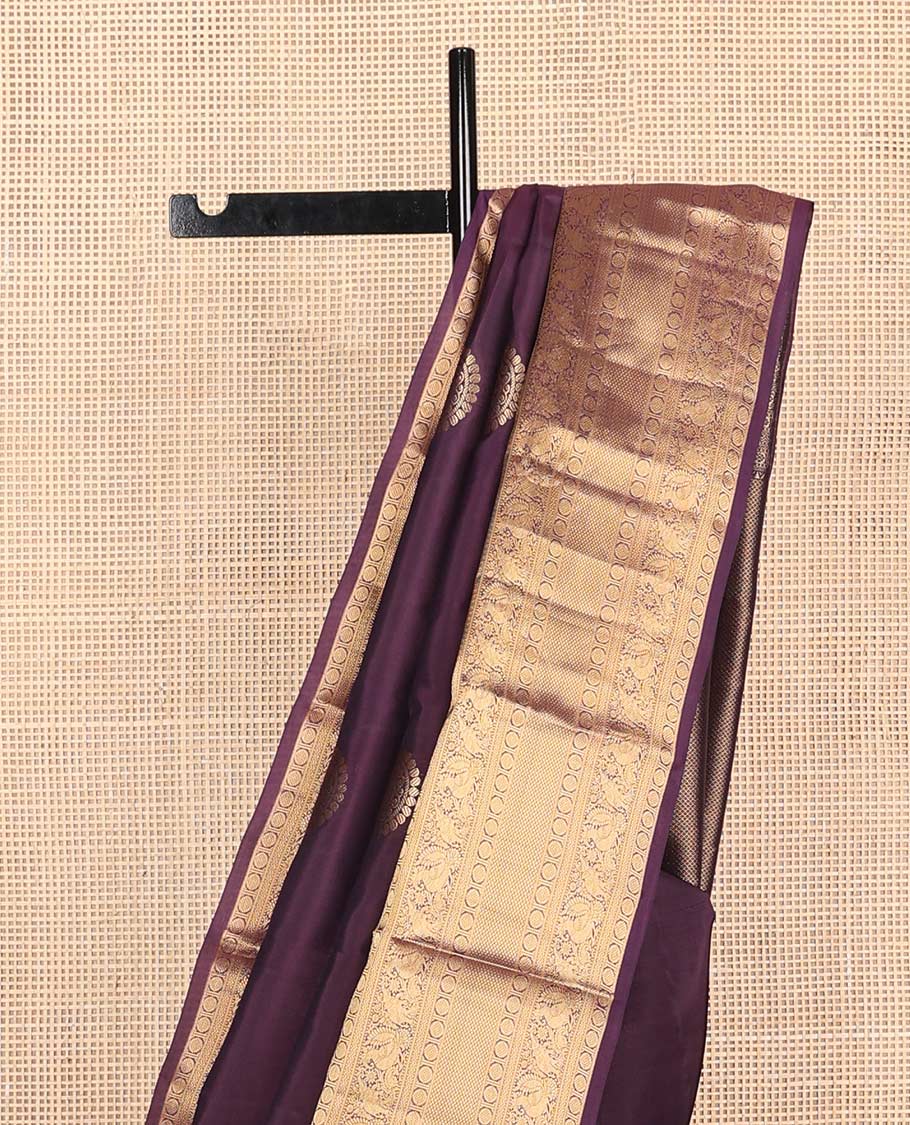 Maroon chakram buttas Vasundhara silk mix saree, zari border of thilakam mokku,kamalam,rettai neli,annam,yaanai & mayil kann designs & mayil kann pallu