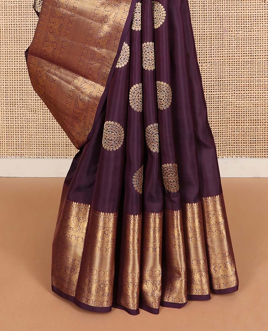 Maroon chakram buttas Vasundhara silk mix saree, zari border of thilakam mokku,kamalam,rettai neli,annam,yaanai & mayil kann designs & mayil kann pallu