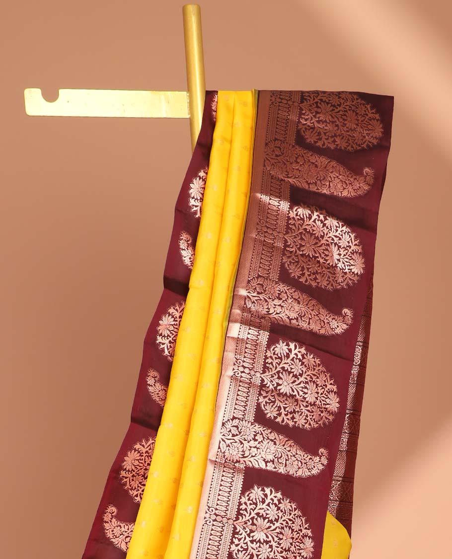 Yellow vasundhara silk mix saree with contrast zari design border & traditional zari design pallu