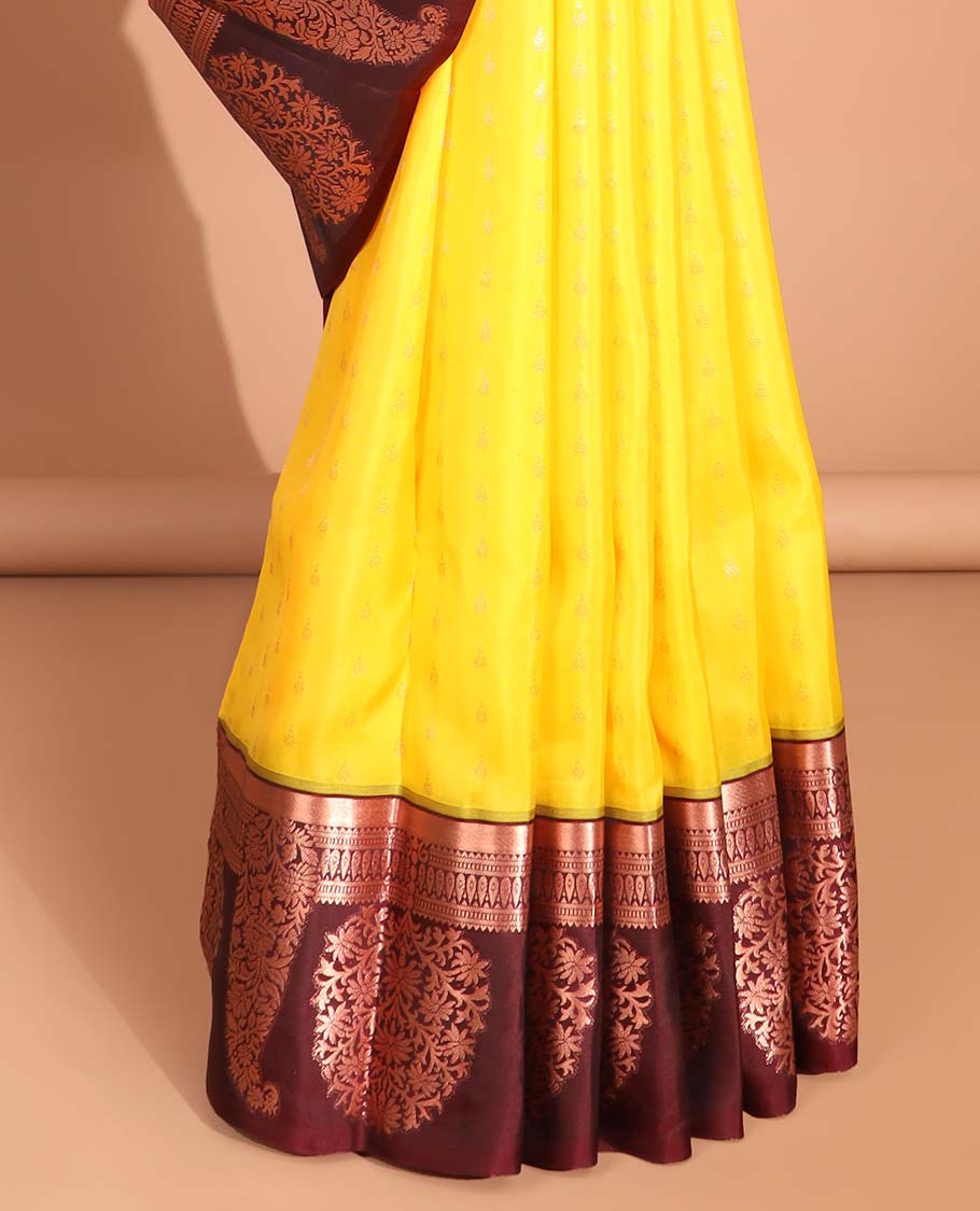 Yellow vasundhara silk mix saree with contrast zari design border & traditional zari design pallu