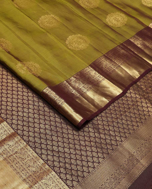 Green round zari buttas Vasundhara silk mix saree, contrast kodi visiry designs border, and pallu of intricate designs