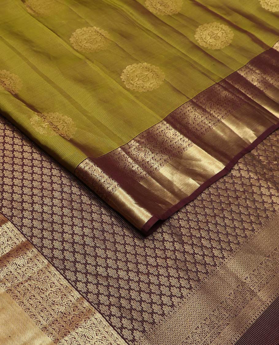 Green round zari buttas Vasundhara silk mix saree, contrast kodi visiry designs border, and pallu of intricate designs