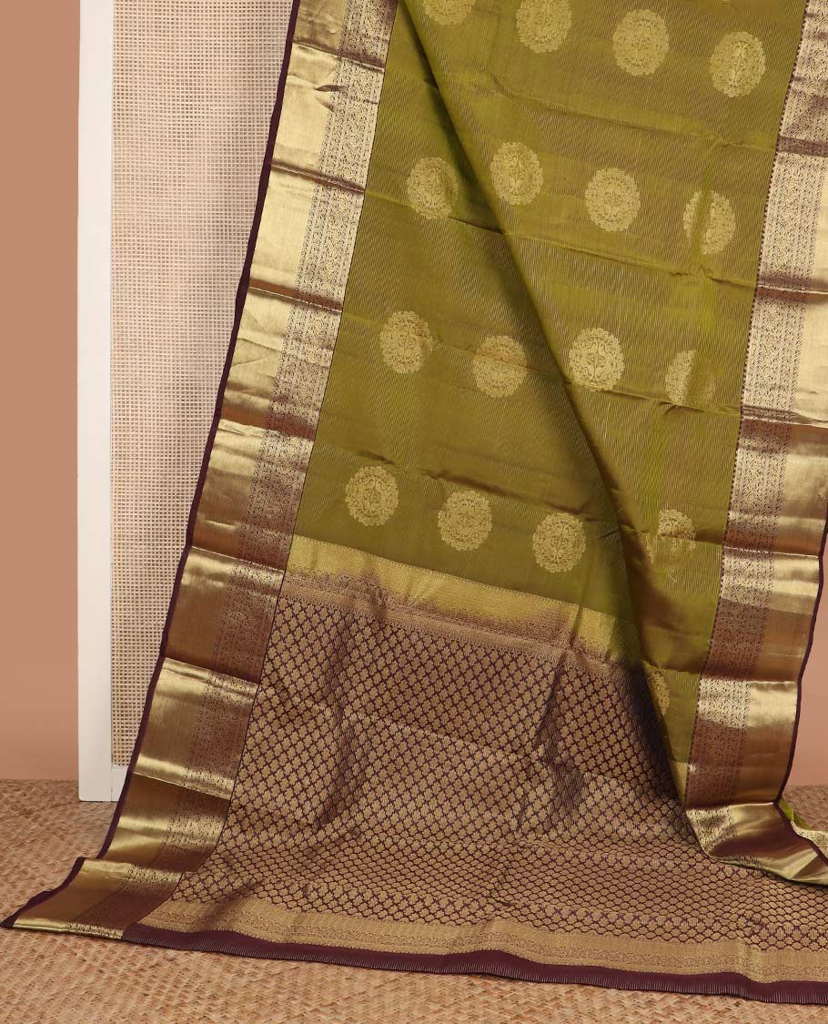 Green round zari buttas Vasundhara silk mix saree, contrast kodi visiry designs border, and pallu of intricate designs