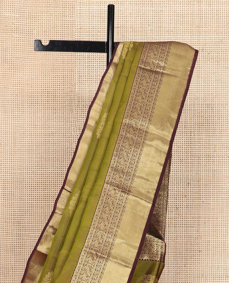 Green round zari buttas Vasundhara silk mix saree, contrast kodi visiry designs border, and pallu of intricate designs