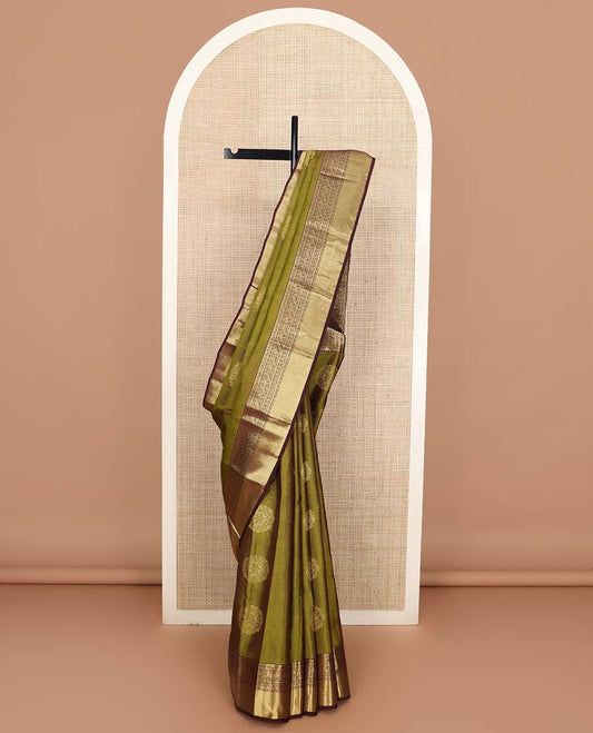 Green round zari buttas Vasundhara silk mix saree, contrast kodi visiry designs border, and pallu of intricate designs