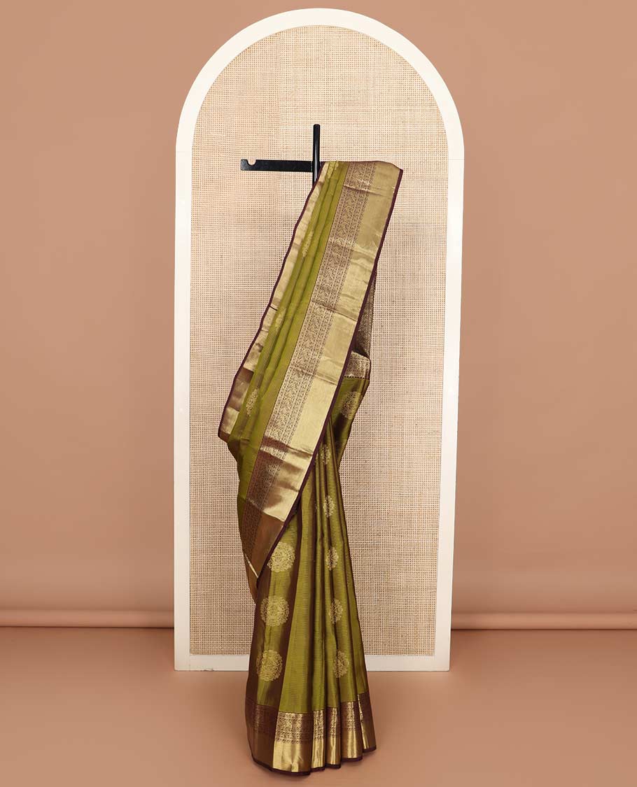 Green round zari buttas Vasundhara silk mix saree, contrast kodi visiry designs border, and pallu of intricate designs