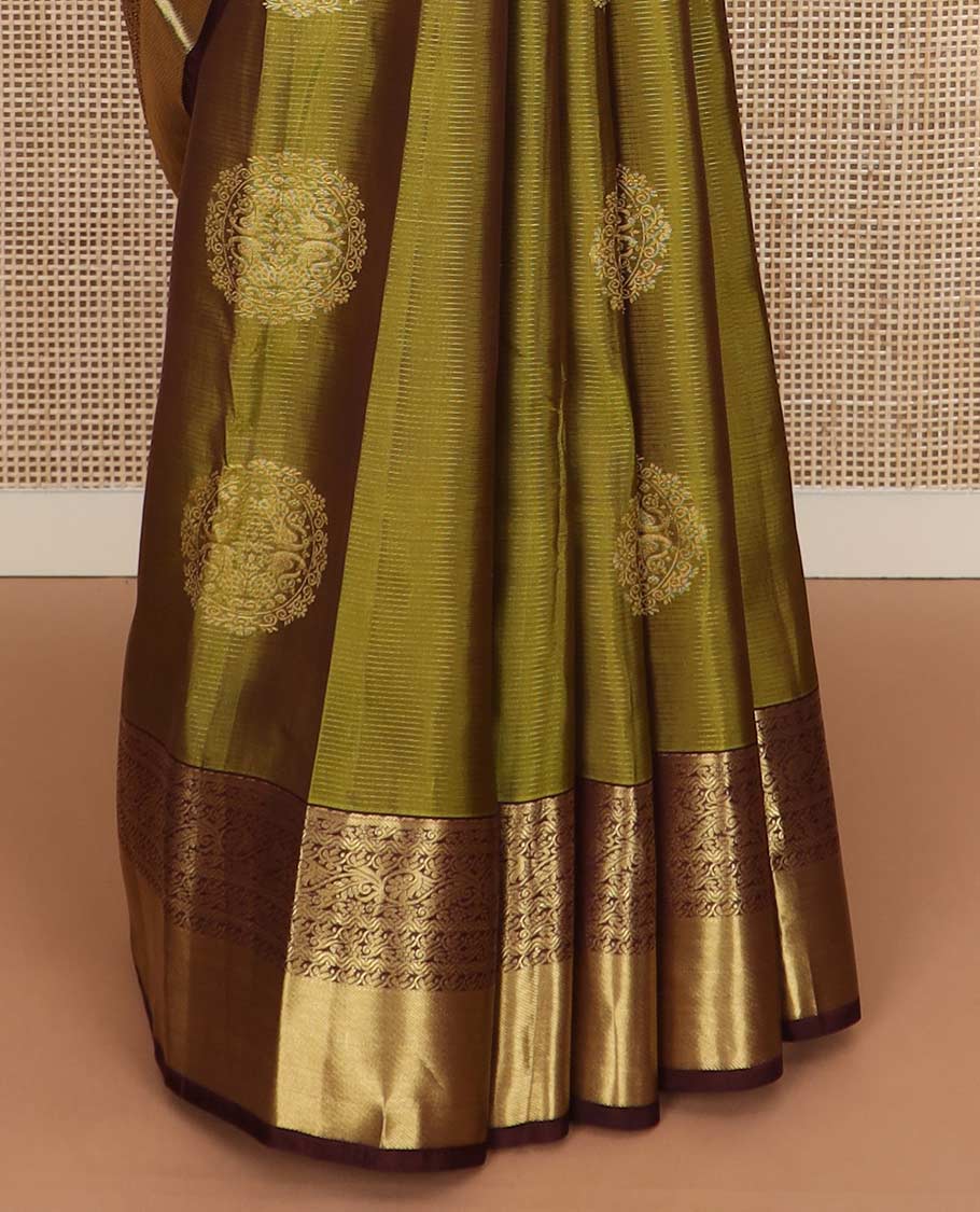 Green round zari buttas Vasundhara silk mix saree, contrast kodi visiry designs border, and pallu of intricate designs