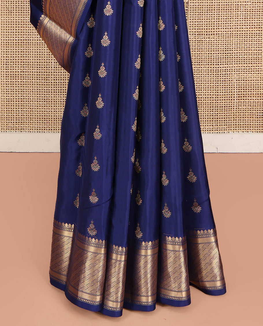 Blue Vasundhara Lite Silk Mix Saree, Elevated with Zari Buttas All Over Its Body, Highlighted by a Zari Border of Thilakam Mokku, and Kodi Visiry Designs, Pallu of Jaal Designs, and Paired with a Matching Blouse