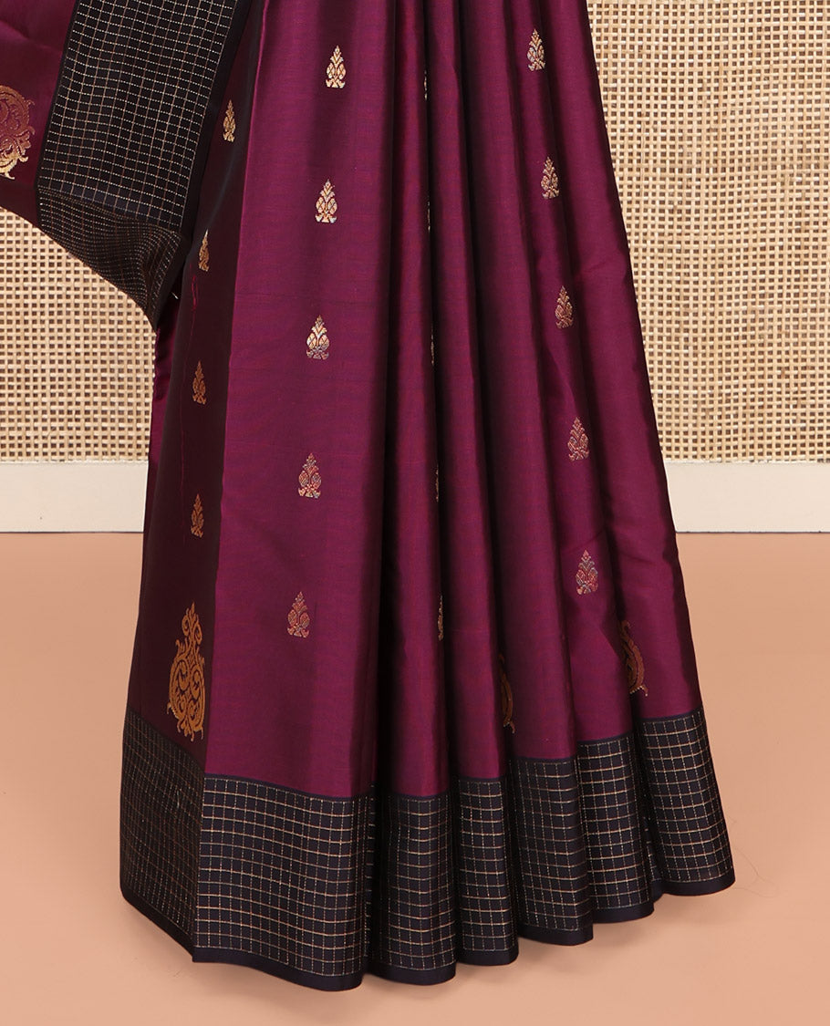 Purple Vasundhara Lite-Silk Mix Saree Featuring Zari Buttas, Complemented by Contrast Checked Border, Grand Jaal Pallu, and a Contrast Blouse