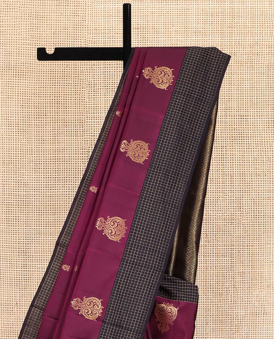 Purple Vasundhara Lite-Silk Mix Saree Featuring Zari Buttas, Complemented by Contrast Checked Border, Grand Jaal Pallu, and a Contrast Blouse
