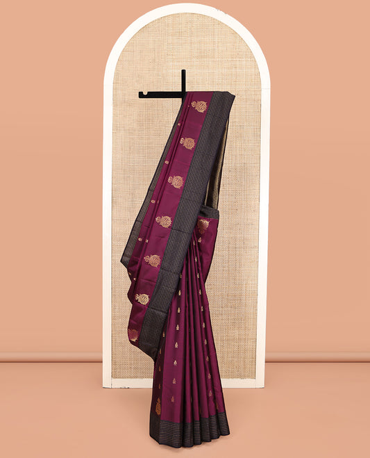 Purple Vasundhara Lite-Silk Mix Saree Featuring Zari Buttas, Complemented by Contrast Checked Border, Grand Jaal Pallu, and a Contrast Blouse