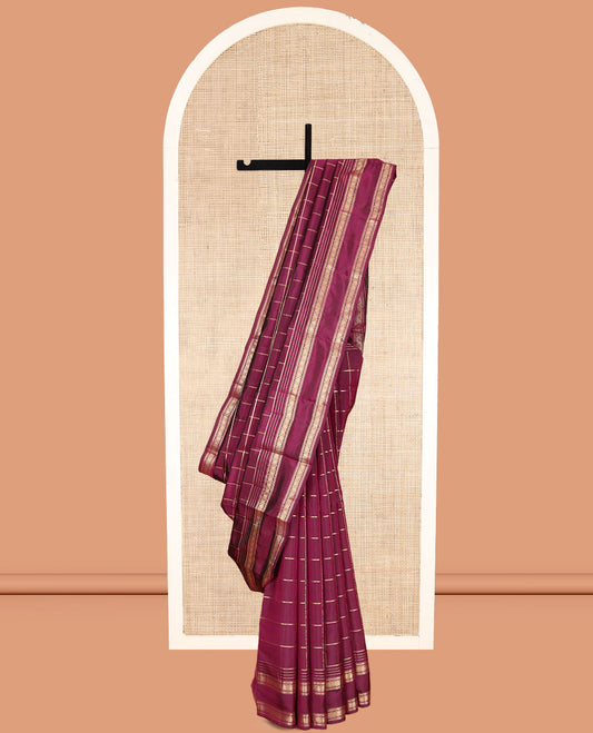 Wine Vasundhara Lite Silk Mix Saree, Elevated with Zari Checks, a Zari Rettai Pettu Border, Grand Jaal Pallu, and a Matching Blouse