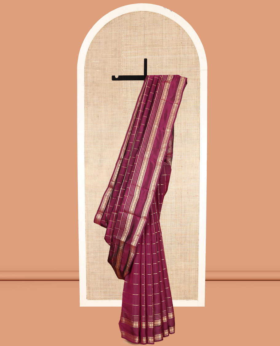 Wine Vasundhara Lite Silk Mix Saree, Elevated with Zari Checks, a Zari Rettai Pettu Border, Grand Jaal Pallu, and a Matching Blouse