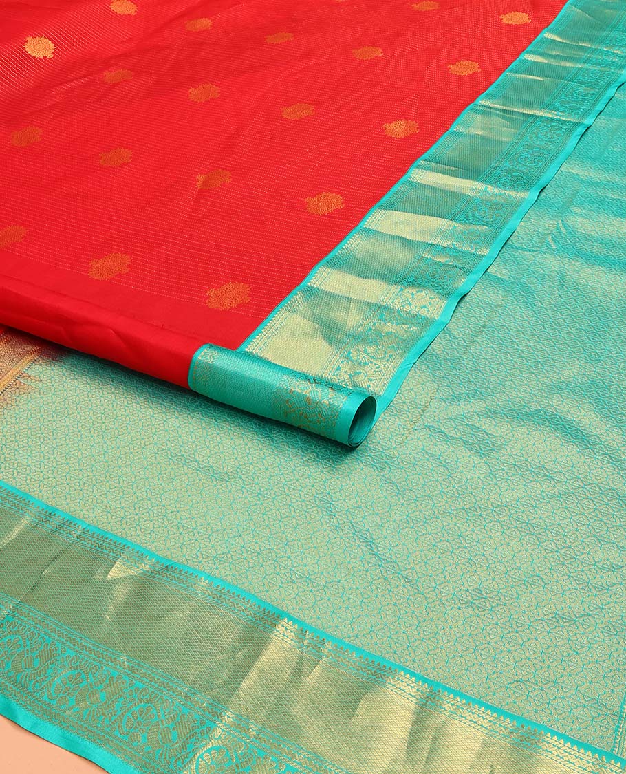 Red Vasundhara Lite Silk Mix Saree Gracefully Embellished with Zari Buttas and Stripes, Complemented with a Contrast Border Featuring Rekku, Banaras, Neli, Mayil Kann, Kodi Visiry, and Mayil Designs, Intricately Decked Up Pallu, and a Contrast Blouse