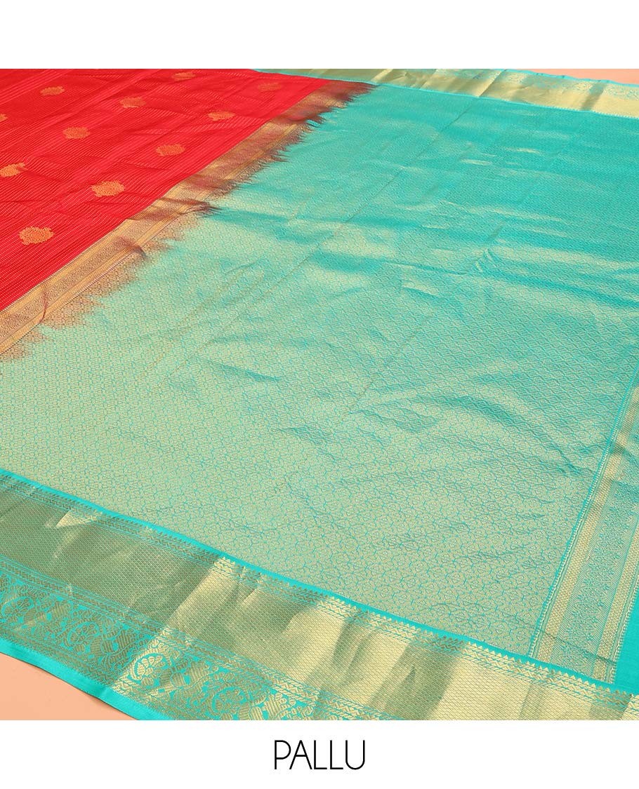 Red Vasundhara Lite Silk Mix Saree Gracefully Embellished with Zari Buttas and Stripes, Complemented with a Contrast Border Featuring Rekku, Banaras, Neli, Mayil Kann, Kodi Visiry, and Mayil Designs, Intricately Decked Up Pallu, and a Contrast Blouse