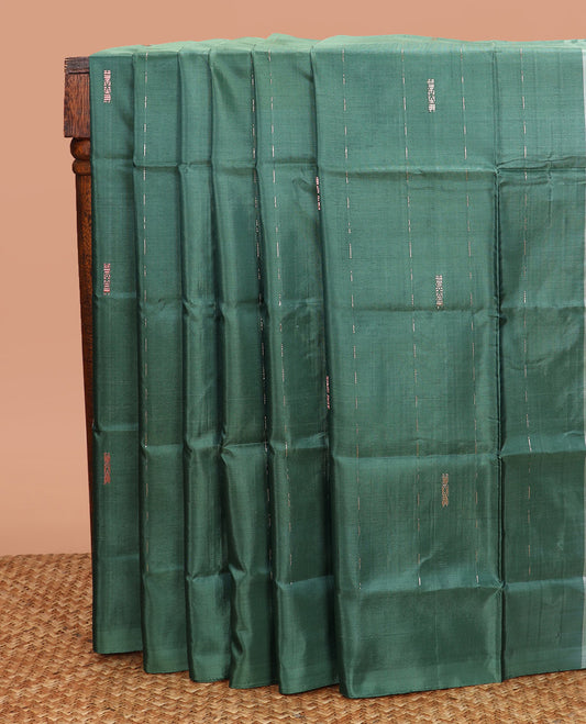 Borderless Green Banana Pith Saree, Delicately Woven with Buttas and Stripes All Over Its Body, Complemented by a Contrast Pallu of Stripes, and Paired with a Contrast Blouse