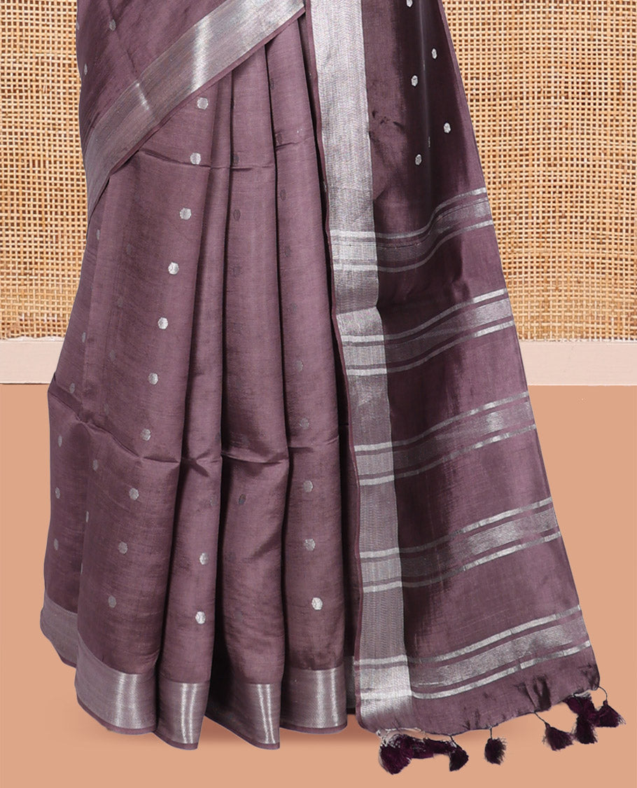 Brown Banana Pith Saree, Adorned with Buttas, a Zari Border, Striped Pallu, and Matching Blouse