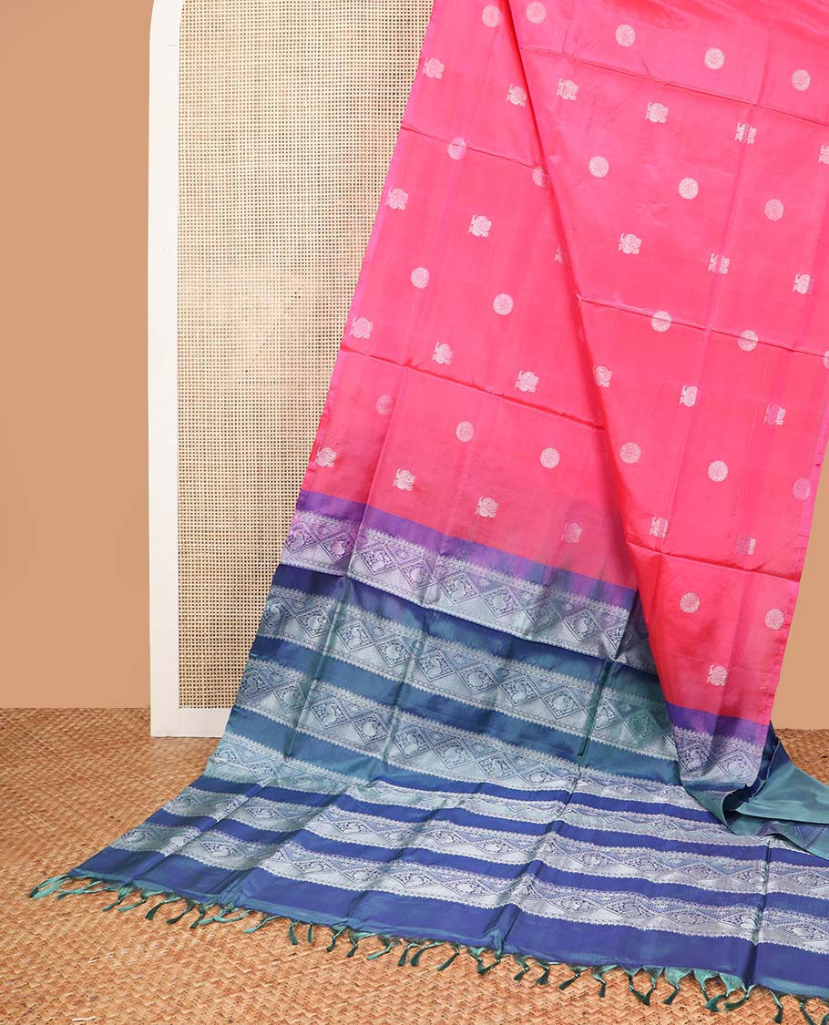 Borderless pink motifs banana pith saree with geometric, peacock design pallu