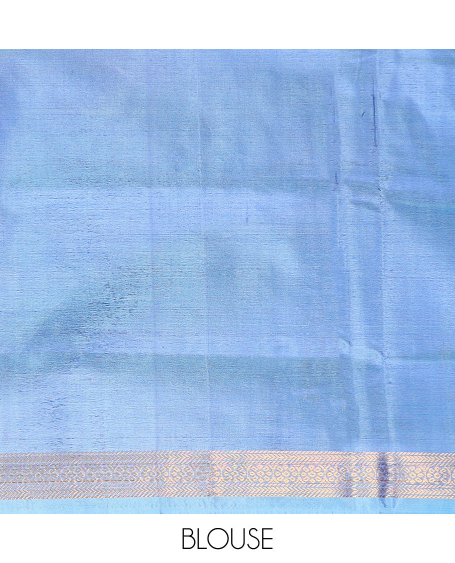 Pink animal motifs banana pith saree, traditional zari border, and contrast pallu of stripes, and buttas