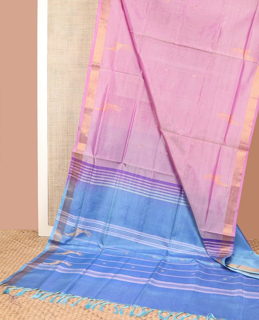 Pink animal motifs banana pith saree, traditional zari border, and contrast pallu of stripes, and buttas