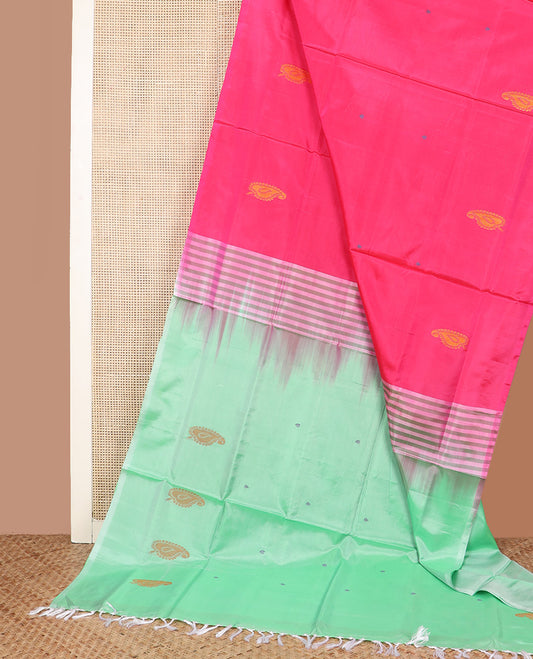 Borderless pink buttas Banana pith saree, contrast pallu of stripes, and paisley buttas