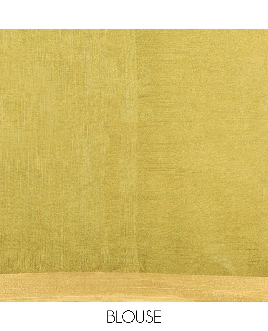 Green Banana Pith Saree Delicately Woven with Square Zari Buttas, Bavanji Border, Gleaming Zari Striped Pallu, and Paired with a Matching Plain Blouse