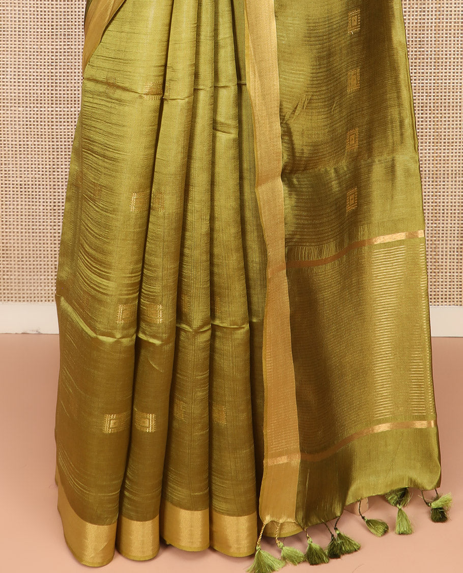 Green Banana Pith Saree Delicately Woven with Square Zari Buttas, Bavanji Border, Gleaming Zari Striped Pallu, and Paired with a Matching Plain Blouse