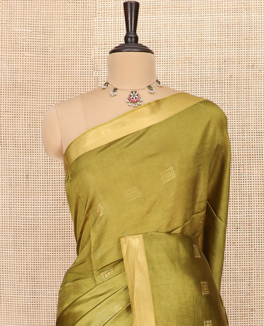 Green Banana Pith Saree Delicately Woven with Square Zari Buttas, Bavanji Border, Gleaming Zari Striped Pallu, and Paired with a Matching Plain Blouse