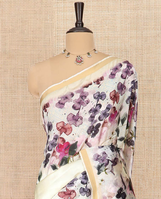 White Banana Pith Saree Mesmerized with Floral Motifs Print, Zari Bavanji Border, Subtle Pallu of Zari Stripes, and Paired with a Contrast Floral Printed Blouse