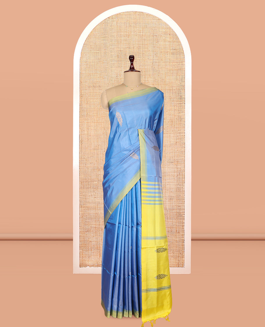 Blue Banana Pith Saree, Woven with Buttas, a Contrast Border, Pallu of Stripes and Buttas, and a Contrast Blouse