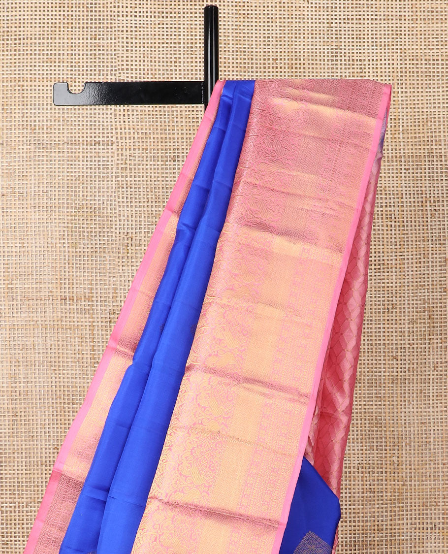 Blue leaf buttas silk saree with contrast intricate zari design border & floral zari design pallu