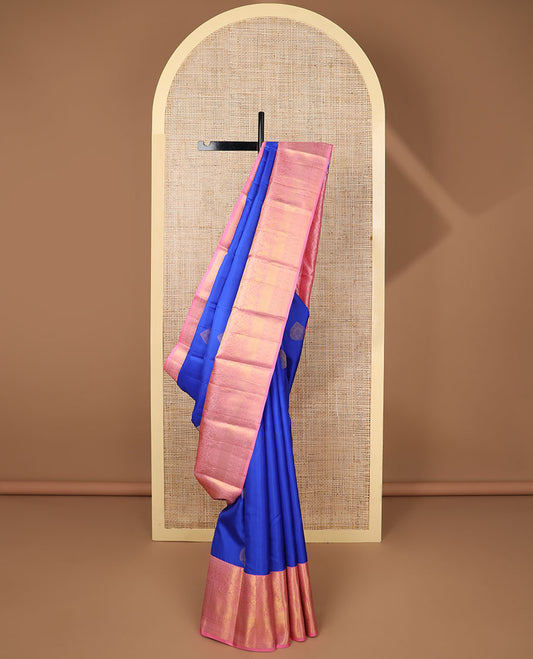 Blue leaf buttas silk saree with contrast intricate zari design border & floral zari design pallu