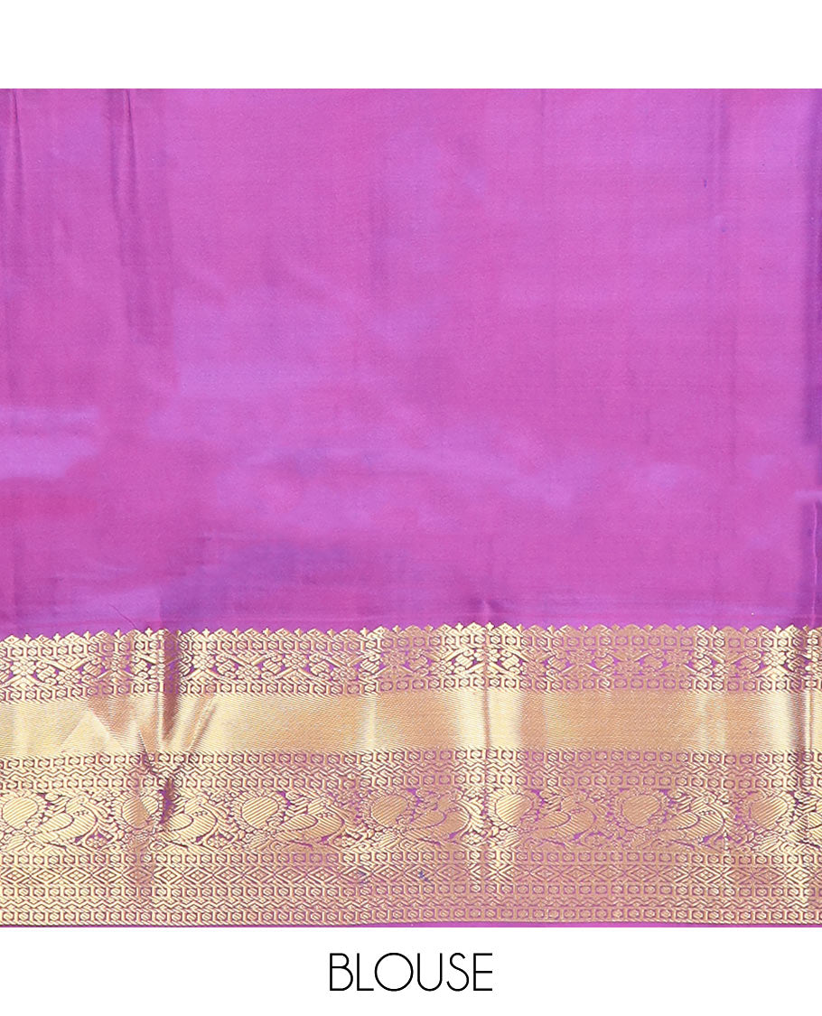 Blue Vasundhara Silk Saree Prettified with Zari Buttas, Complemented by a Contrast Blouse of Banaras, Paisa, Diamond, and Mayil Designs, Grandly Woven Pallu of Jaal Designs, and a Contrast Zari Bordered Blouse