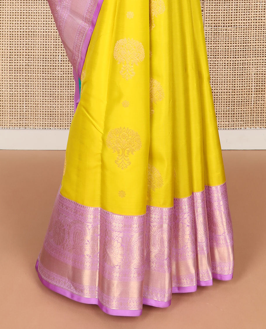 Yellow floral buttas silk saree with contrast ganga jamuna thilakam mokku, paun, kodi visiry, banaras design & zari design pallu