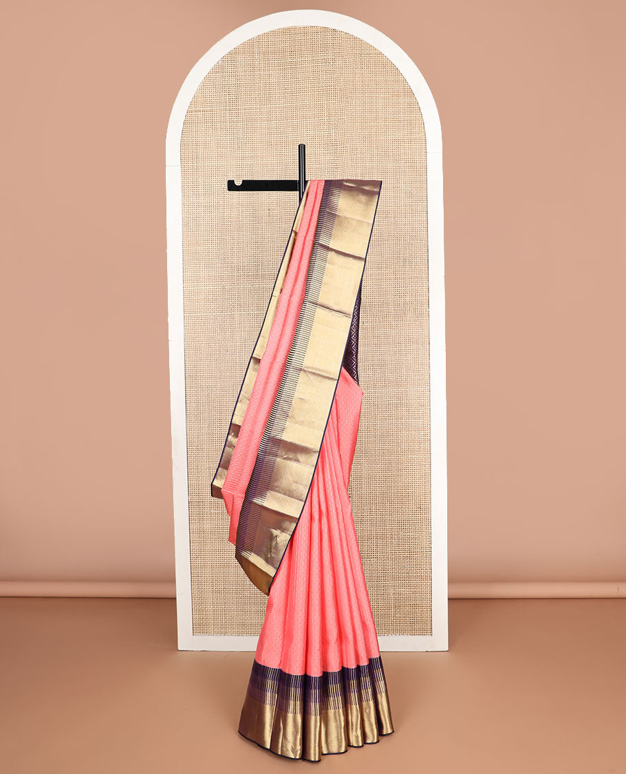 Peach checked silk saree with contrast bhavanji border & floral enclosed checked design pallu