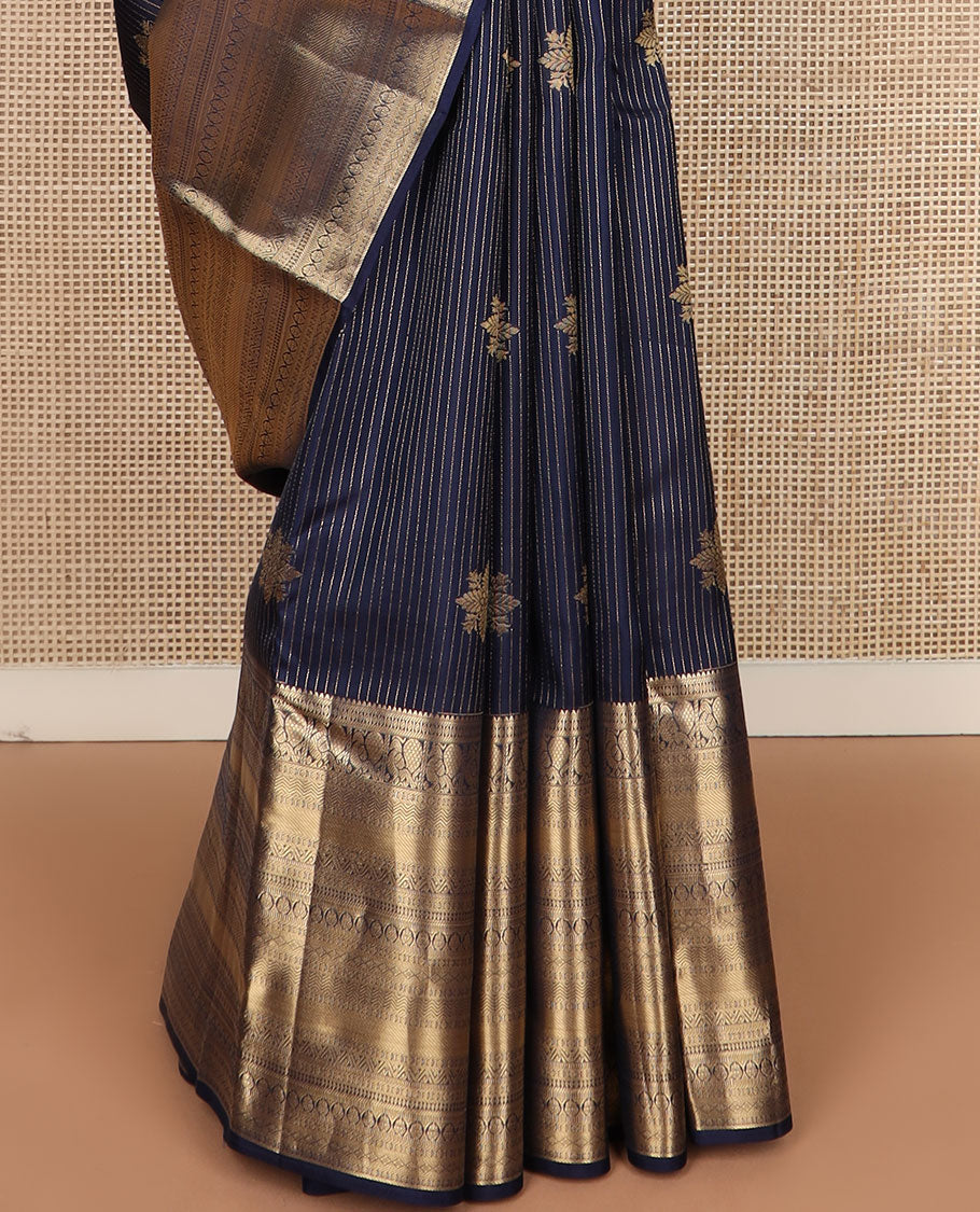 Blue zari design silk saree, zari border of vanki,mayil,rettai neli, diamond & geometric patterns & contrast jaal pallu