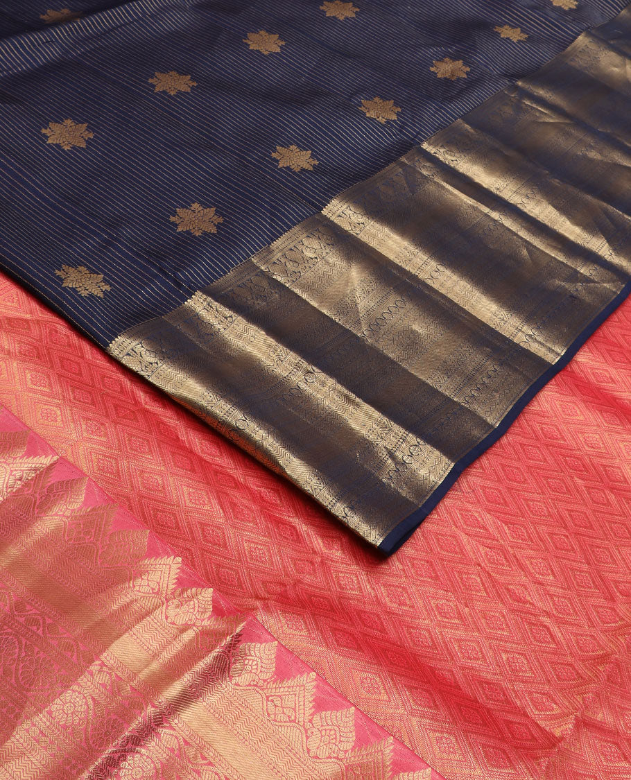 Blue zari design silk saree, zari border of vanki,mayil,rettai neli, diamond & geometric patterns & contrast jaal pallu