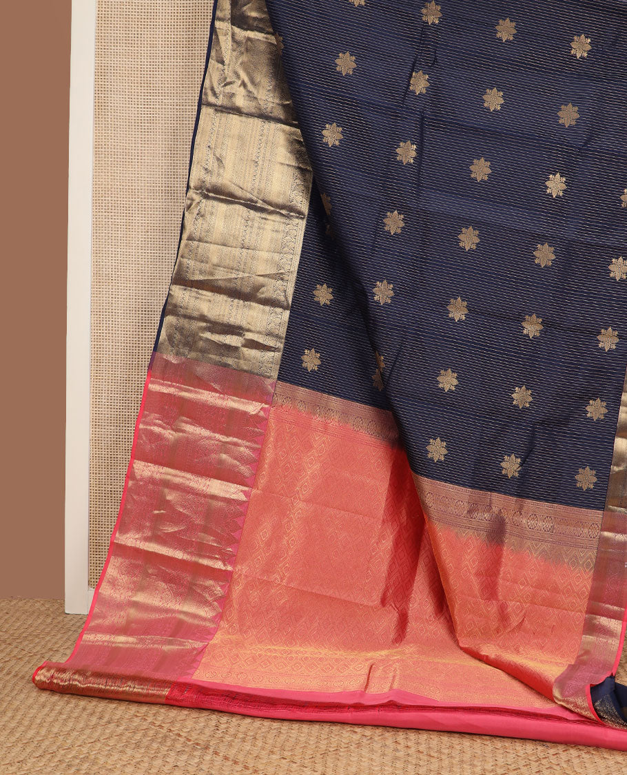 Blue zari design silk saree, zari border of vanki,mayil,rettai neli, diamond & geometric patterns & contrast jaal pallu