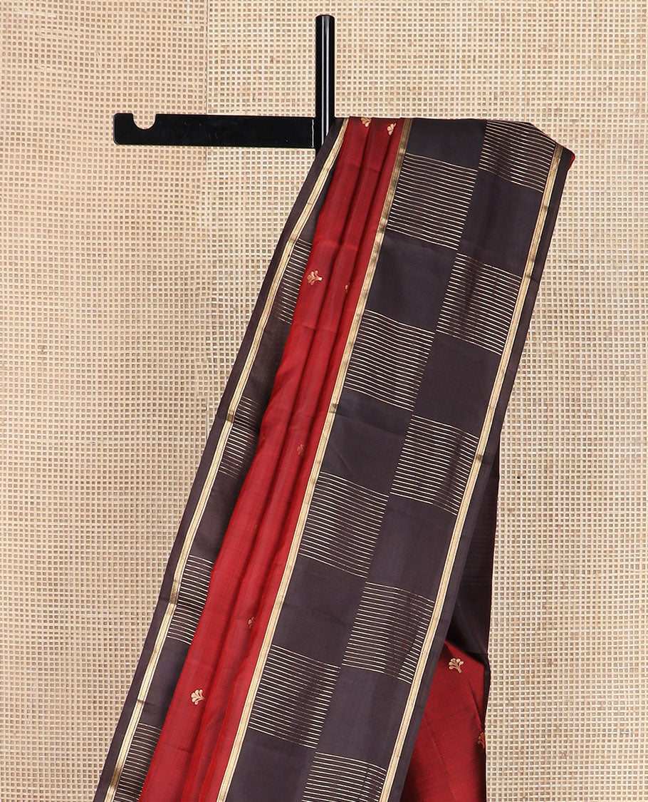 Rust zari buttas silk saree, contrast zari checked geometric patterned zari border  & vanki pallu