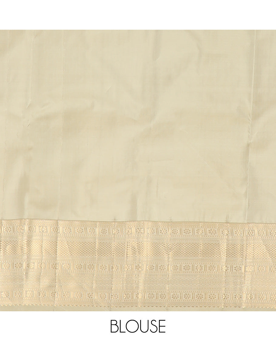 Yellow zari design silk saree, contrast border of rekku, banaras, kamalam, neli, and mayil designs, and intricate pallu