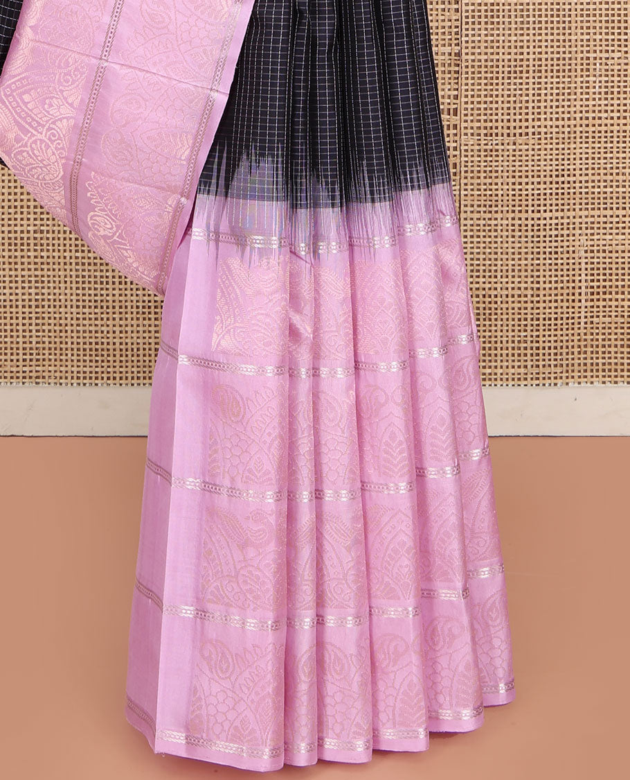 Black Vasundhara Silk Saree, Decked Up with Micro-Checked All Over Its Body, Complemented by Contrast Border of Beautiful Peacock Designs, Pallu Mirrors the Same Designs, and Paired with a Contrast Blouse