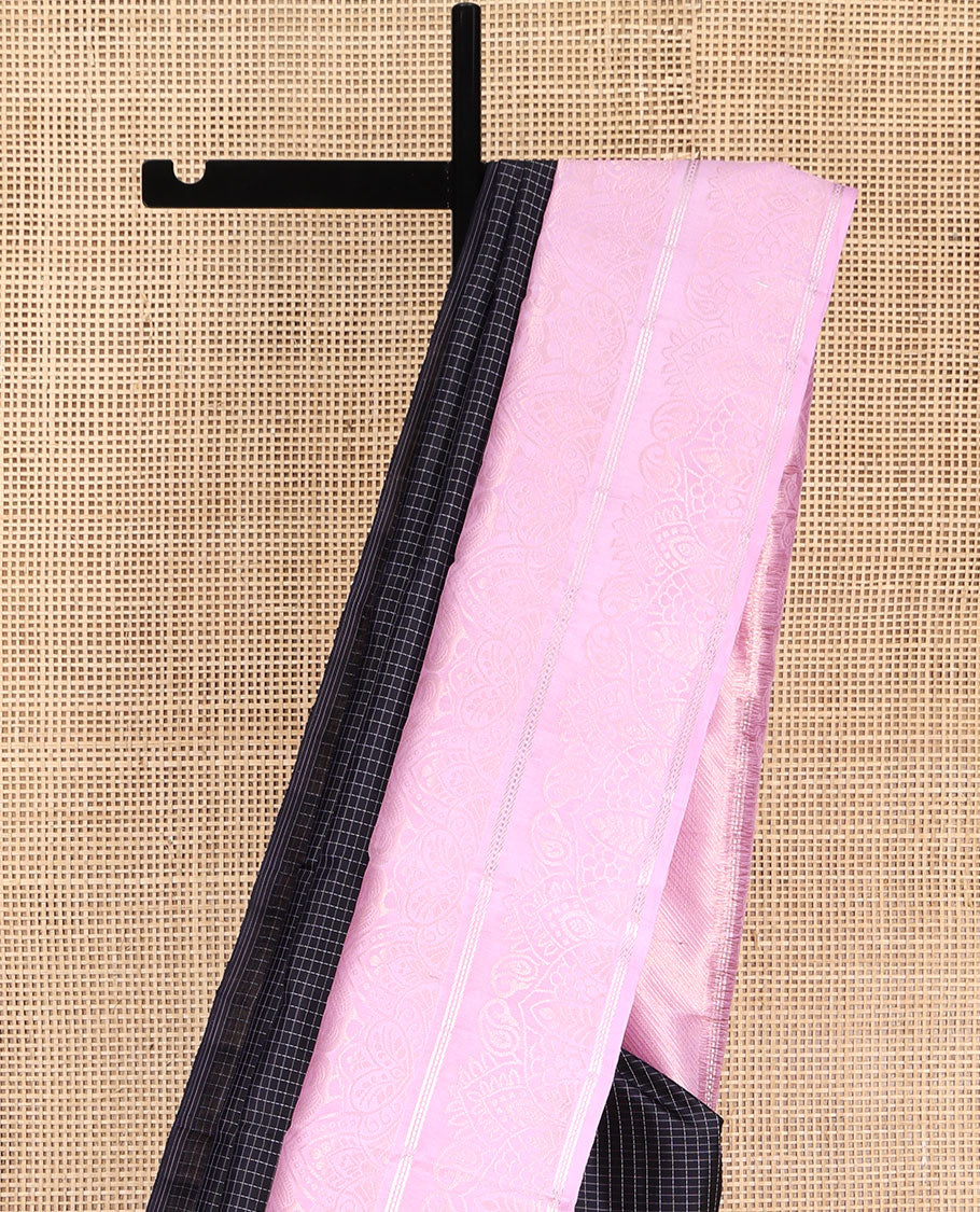 Black Vasundhara Silk Saree, Decked Up with Micro-Checked All Over Its Body, Complemented by Contrast Border of Beautiful Peacock Designs, Pallu Mirrors the Same Designs, and Paired with a Contrast Blouse